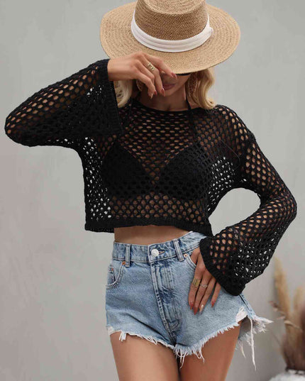 Openwork Flare Sleeve Cropped Cover Up