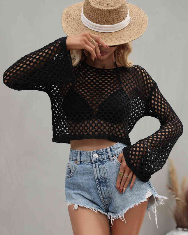 Openwork Flare Sleeve Cropped Cover Up