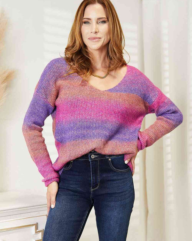 Double Take Multicolored Rib-Knit V-Neck Knit Pullover