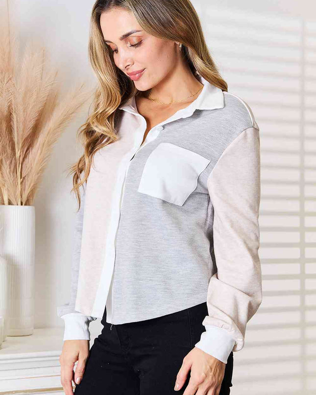 Double Take Color Block Curved Hem Shirt