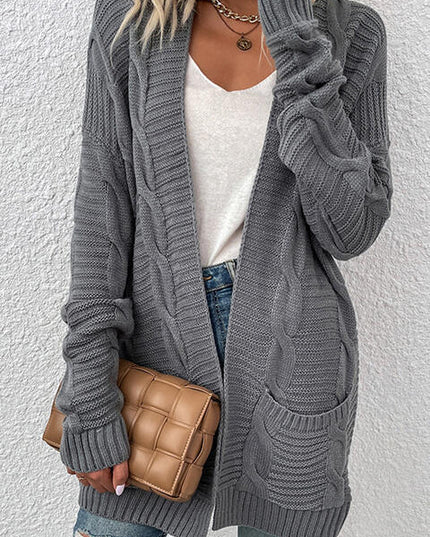 Cable-Knit Open Front Cardigan with Pockets