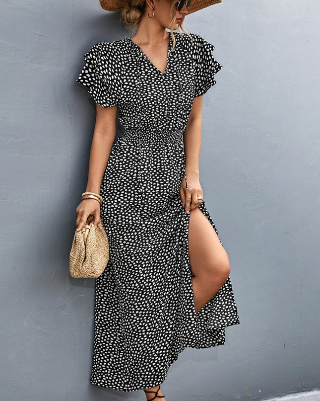 Printed Tie-Neck Flutter Sleeve Split Dress