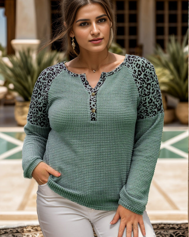 Plus Size Leopard Waffle-Knit Long Sleeve T-Shirt