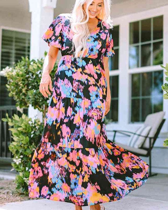 Printed V-Neck Short Sleeve Maxi Dress
