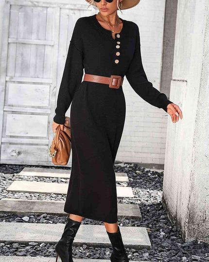 Notched Neck Dropped Shoulder Button-Down Midi Dress