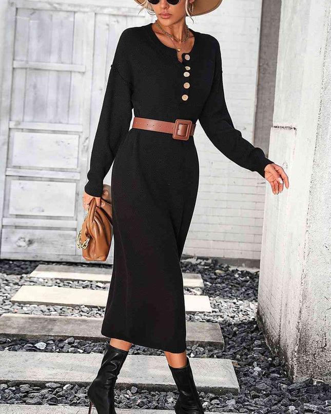 Notched Neck Dropped Shoulder Button-Down Midi Dress