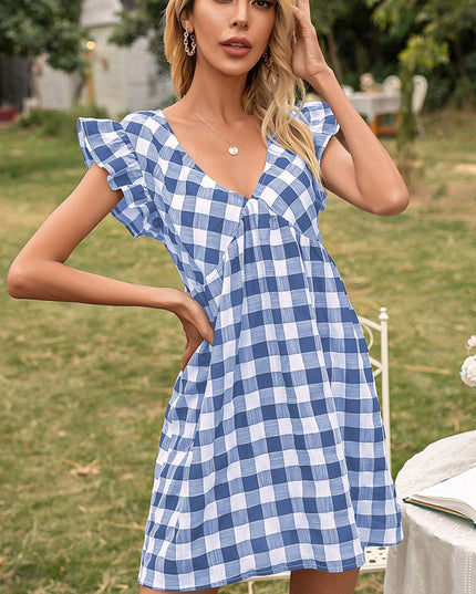 Plaid Butterfly Sleeve Deep V Dress