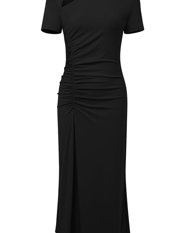 Asymmetrical Neck Short Sleeve Midi Dress