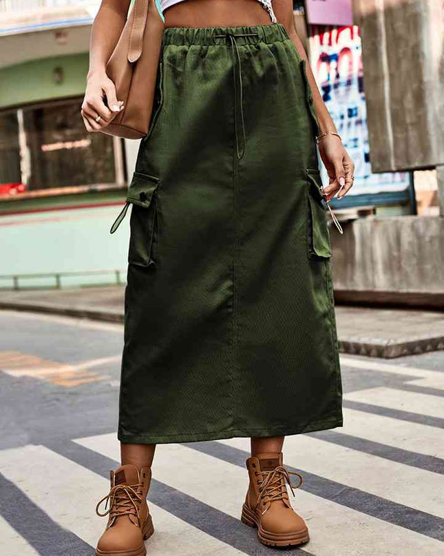 Drawstring Waist Slit Denim Skirt