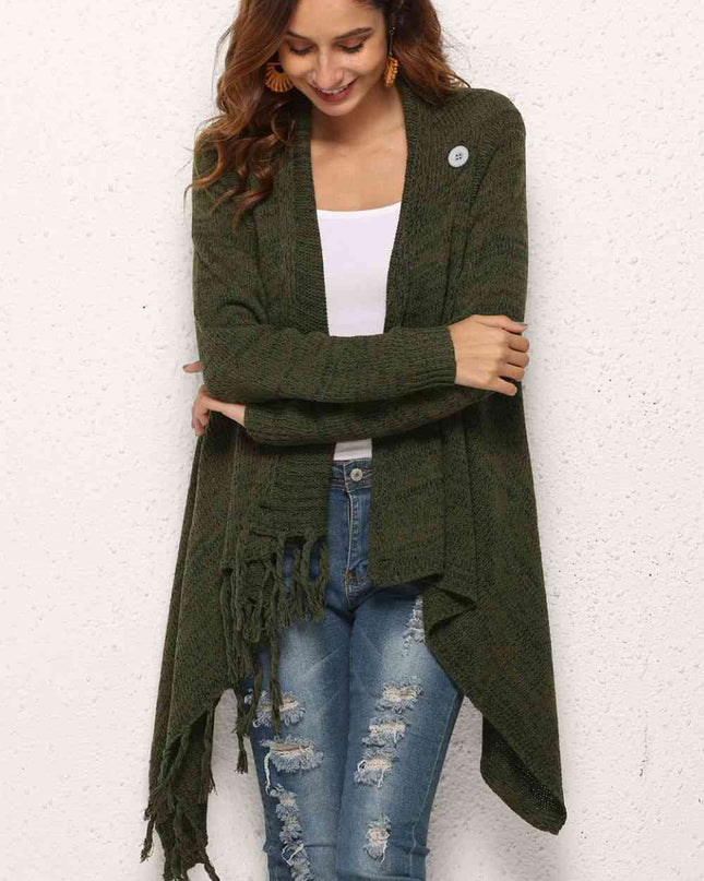 One-Button Tassel Tie Asymmetrical Hem Cardigan