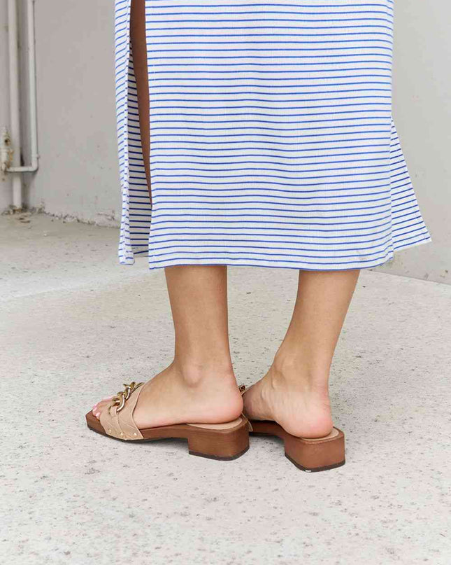 Forever Link Square Toe Chain Detail Clog Sandal in Tan