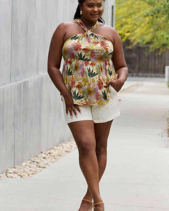 Be Stage Full Size Floral Halter Top in Green