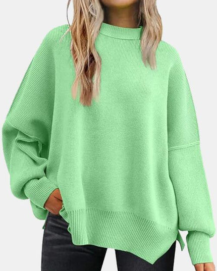 Round Neck Drop Shoulder Slit Sweater