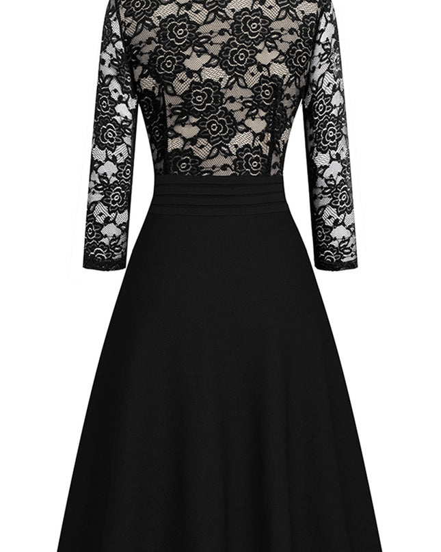 V-Neck Lace Detail Knee-Length Dress