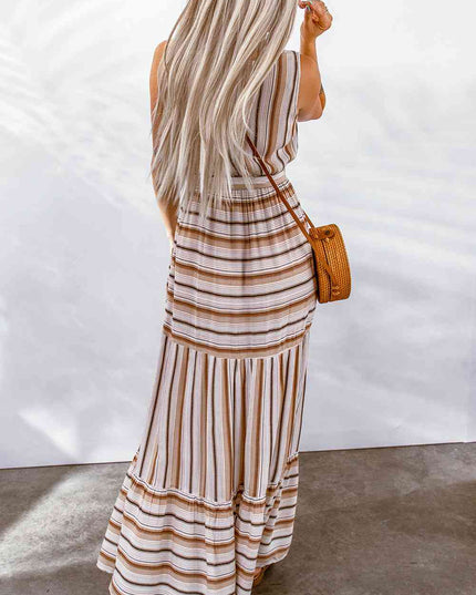 Striped Tie Waist Slit Sleeveless Dress