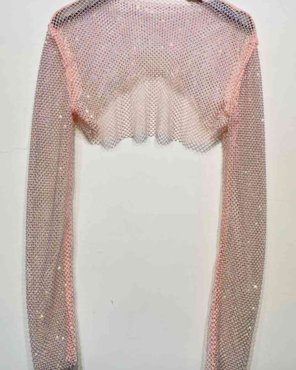 Rhinestone Openwork Long Sleeve Cropped Top