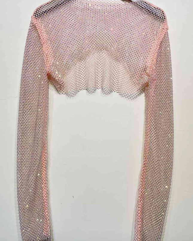 Rhinestone Openwork Long Sleeve Cropped Top