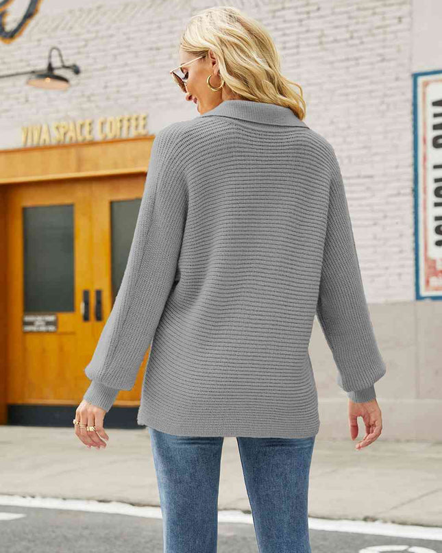 Double Take Horizontal Ribbing Johnny Collar Sweater