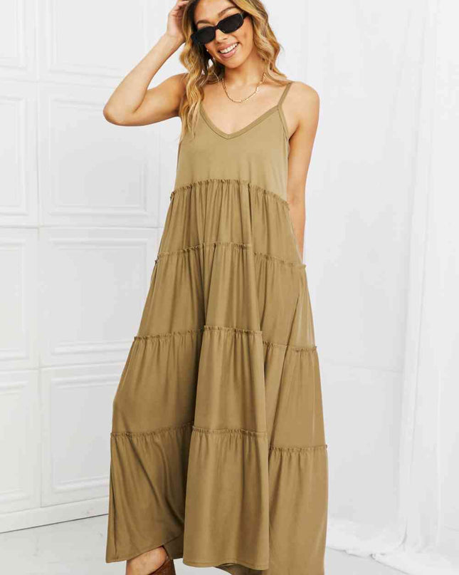 Zenana Full Size Spaghetti Strap Tiered Dress with Pockets in Khaki