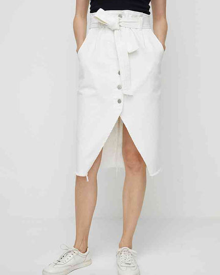 Full SizeTie Waist Buttoned Denim Skirt