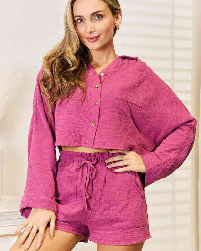 Basic Bae Buttoned Long Sleeve Top and Shorts Set