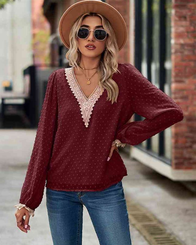 Swiss Dot V-Neck Long Sleeve Blouse