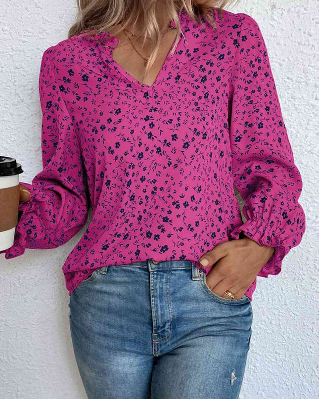 Notched Neck Flounce Sleeve Blouse