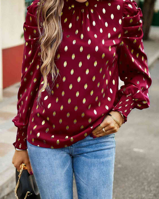 Printed Mock Neck Lantern Sleeve Blouse