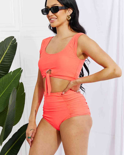 Marina West Swim Sanibel Crop Swim Top and Ruched Bottoms Set in Coral