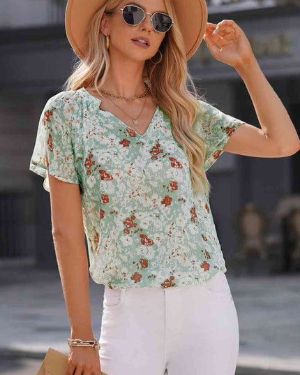 Floral Notched Neck Flutter Sleeve Blouse