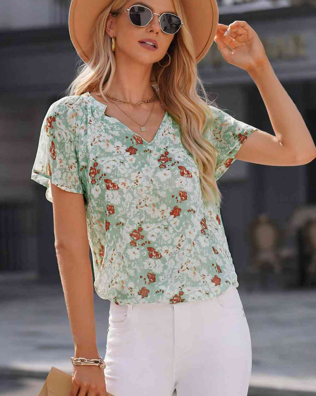 Floral Notched Neck Flutter Sleeve Blouse