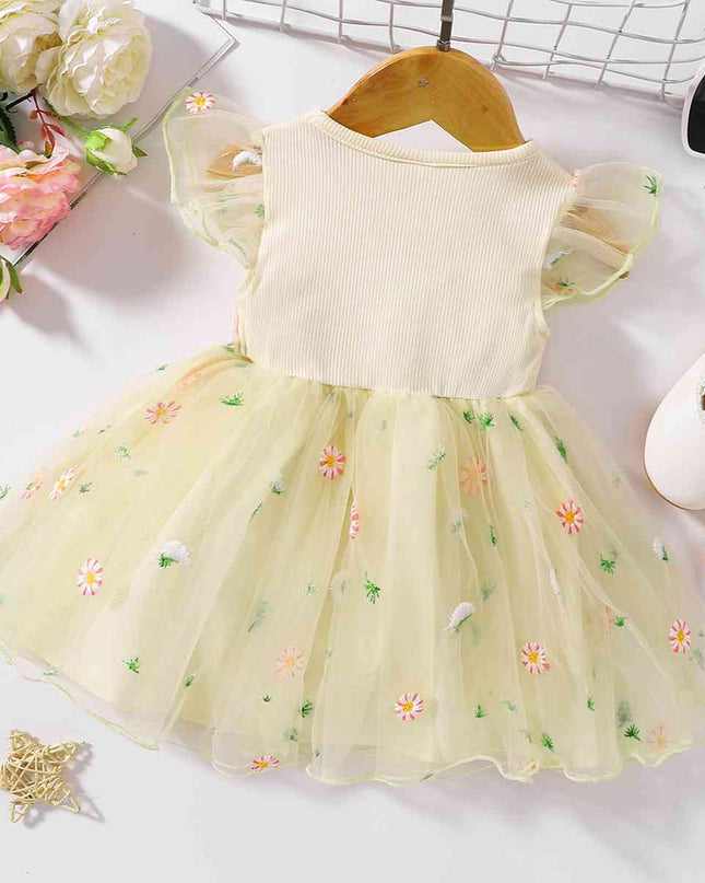 Embroidered Round Neck Flutter Sleeve Dress
