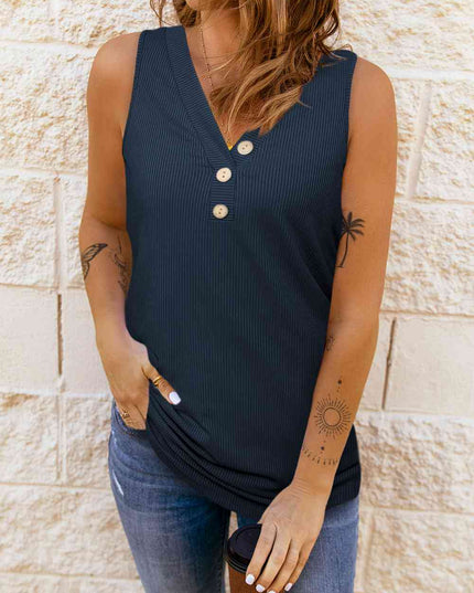 Ribbed Buttoned V-neck Tank