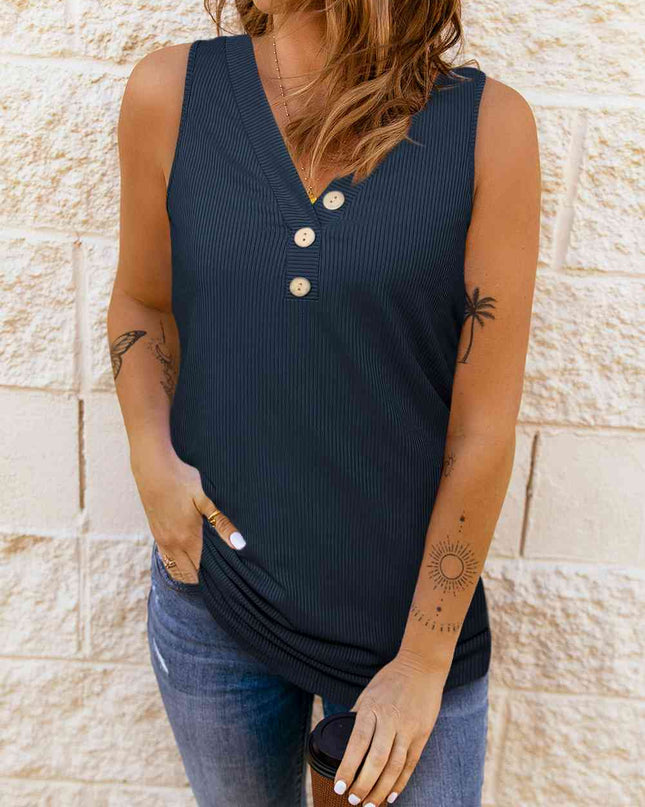 Ribbed Buttoned V-neck Tank