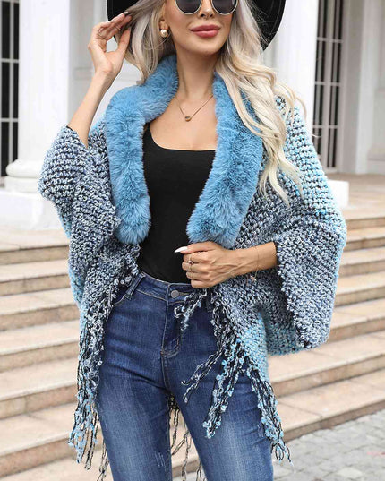 Color Block Open Front Fringe Hem Poncho