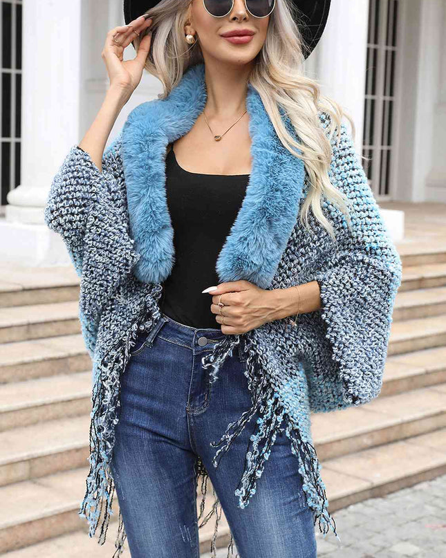 Color Block Open Front Fringe Hem Poncho
