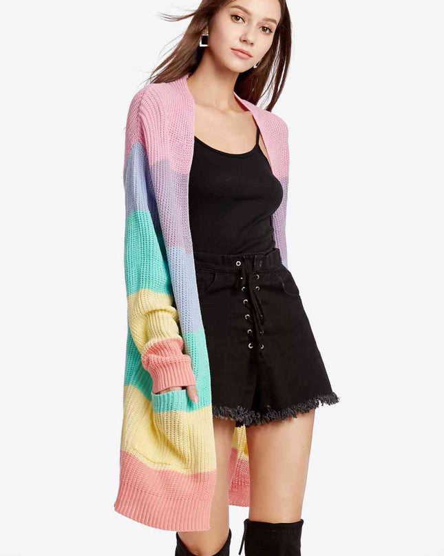 Color Block Open Front Drop Shoulder Cardigan with Pockets