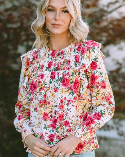 Floral Round Neck Smocked Blouse