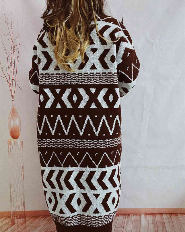 Geometric Button Front Longline Cardigan