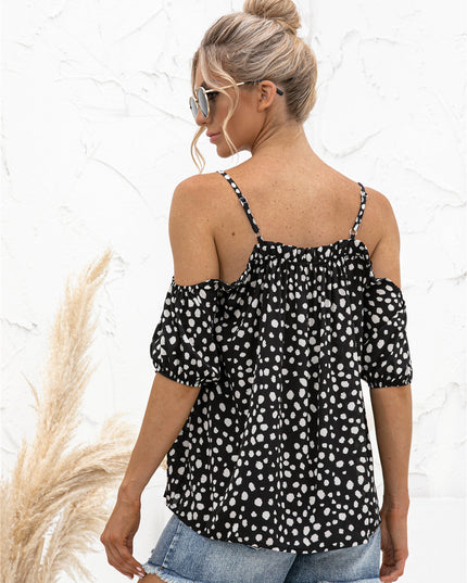 Printed Cold-Shoulder Frill Trim Blouse