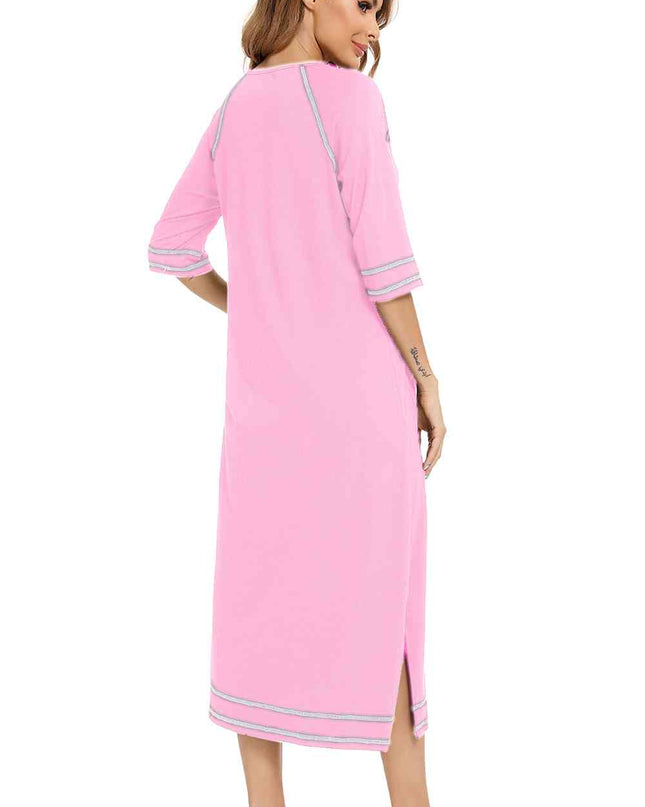 Zip Up Slit Round Neck Night Dress with Pockets