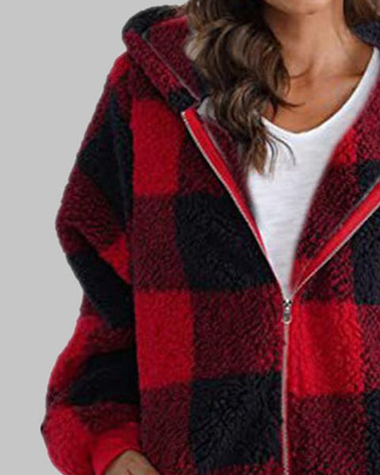 Plaid Zip-Up Hooded Jacket with Pockets