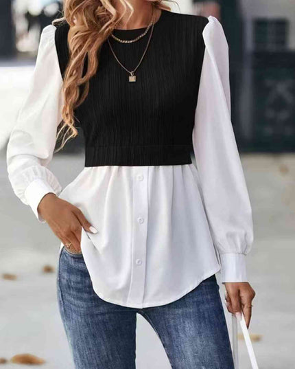 Contrast Round Neck Puff Sleeve Blouse