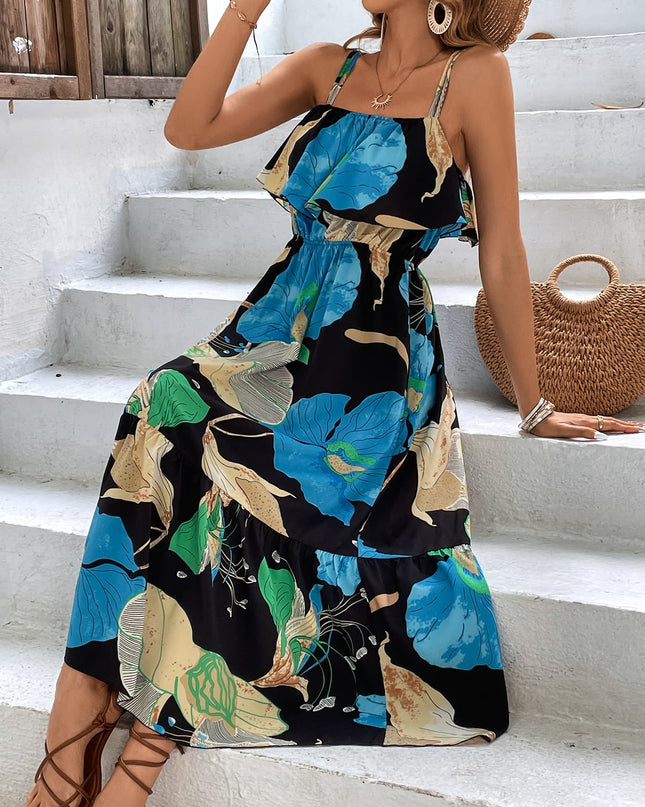 Floral Double-Strap Ruffle Hem Dress
