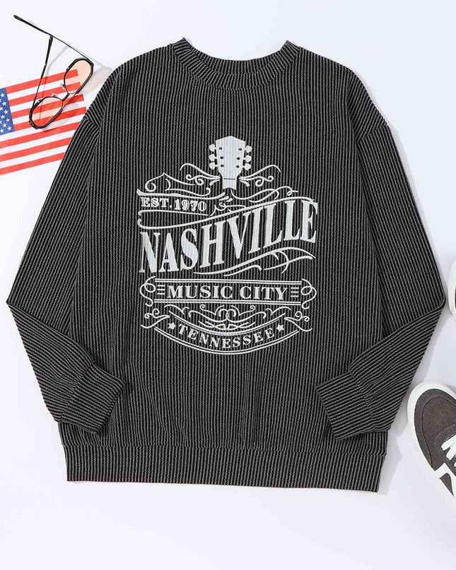 Ribbed Round Neck Long Sleeve Graphic Sweatshirt