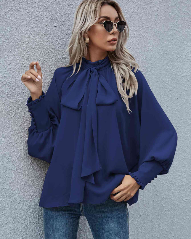 Mock Neck Lantern Sleeve Tie Front Blouse