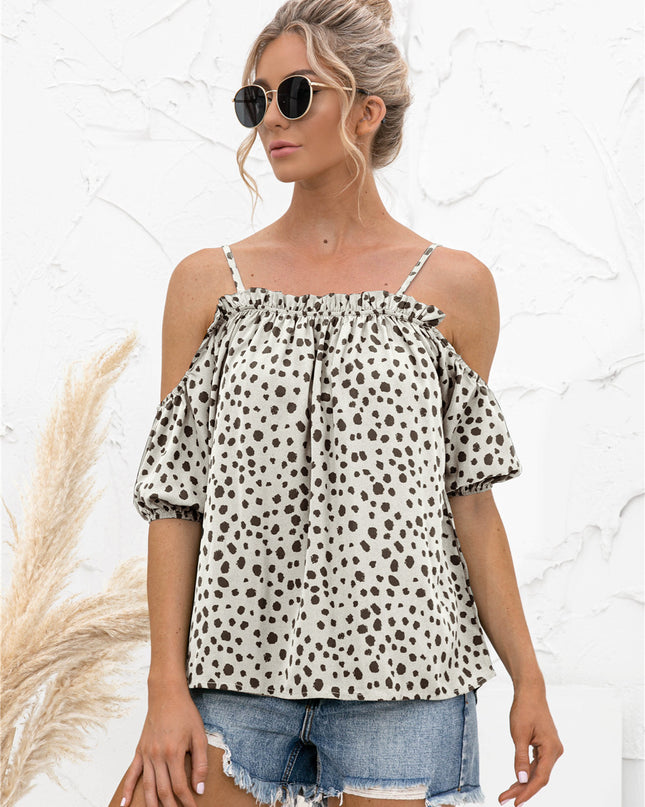 Printed Cold-Shoulder Frill Trim Blouse