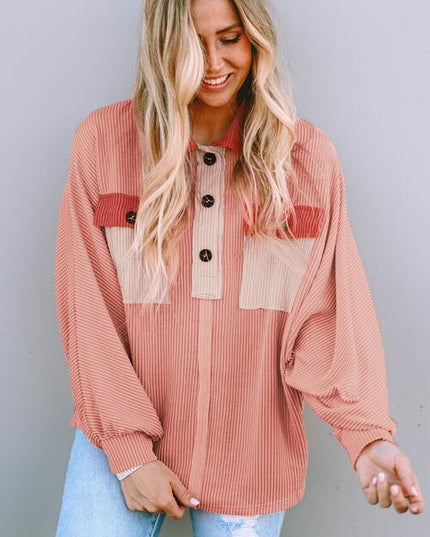 Ribbed Half Button Collared Neck Top