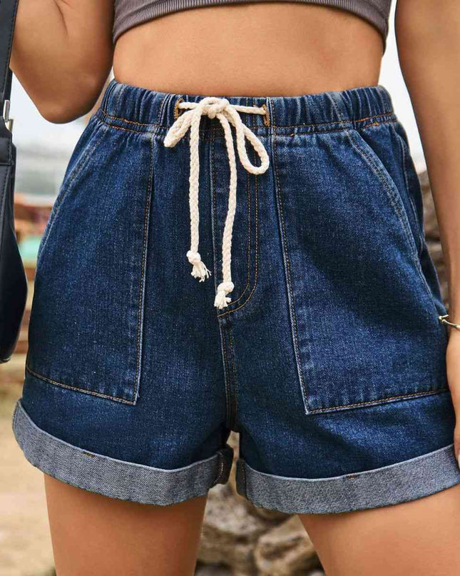 Drawstring High Waist Denim Shorts with Pockets