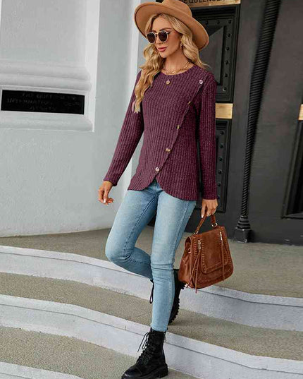 Round Neck Ribbed Button Detail Blouse